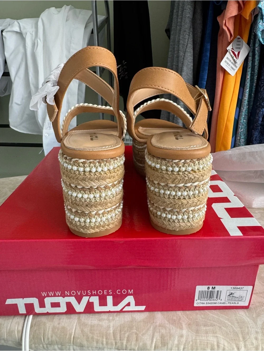 Camel Pearl-Embellished Espadrille Wedge Sandals